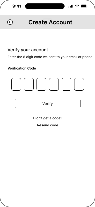 Verification code interface in the Mood ticketing flow, demonstrating the mid fidelity · 05 of 26 state.