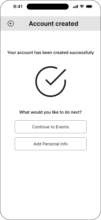 Account created interface in the Mood ticketing flow, demonstrating the mid fidelity · 06 of 26 state.