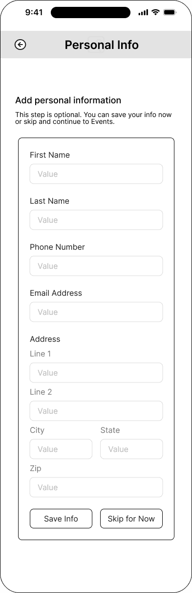 Optional personal information interface in the Mood ticketing flow, demonstrating the mid fidelity · 07 of 26 state.
