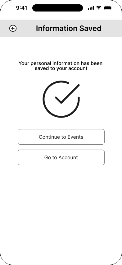 Personal information saved interface in the Mood ticketing flow, demonstrating the mid fidelity · 08 of 26 state.