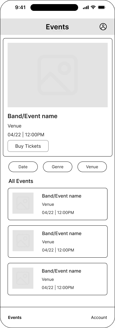 Main events interface in the Mood ticketing flow, demonstrating the mid fidelity · 09 of 26 state.