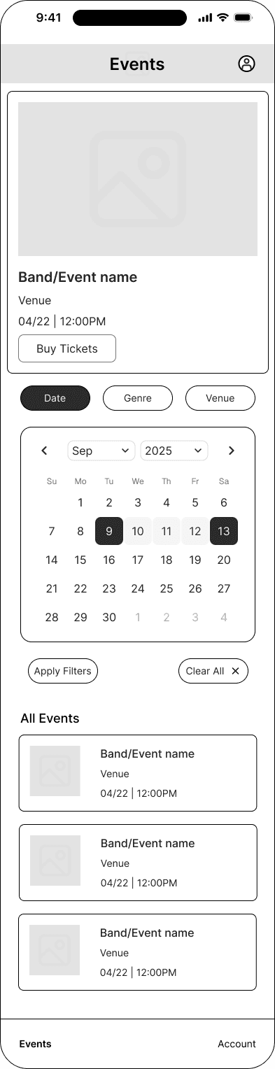 Filters open interface in the Mood ticketing flow, demonstrating the mid fidelity · 10 of 26 state.