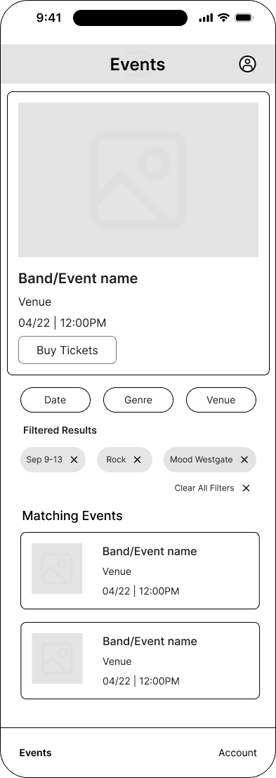 Filters active interface in the Mood ticketing flow, demonstrating the mid fidelity · 11 of 26 state.