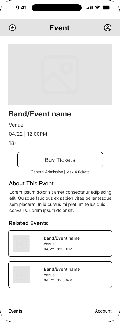 Individual event interface in the Mood ticketing flow, demonstrating the mid fidelity · 12 of 26 state.
