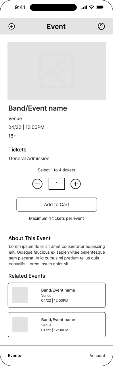 Cart quantity selection interface in the Mood ticketing flow, demonstrating the mid fidelity · 13 of 26 state.