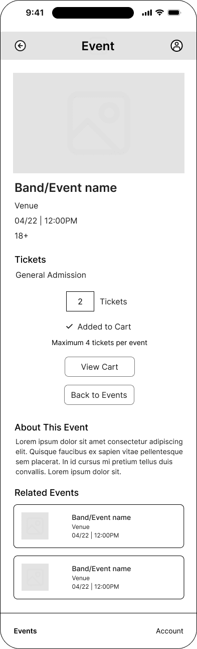 Added-to-cart state interface in the Mood ticketing flow, demonstrating the mid fidelity · 14 of 26 state.