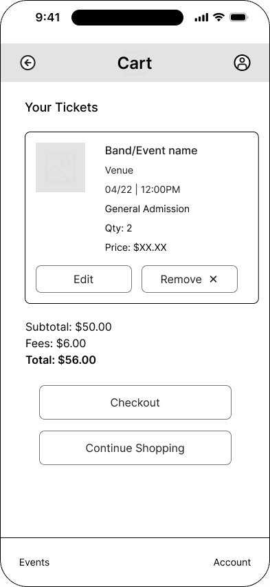 Cart interface in the Mood ticketing flow, demonstrating the mid fidelity · 15 of 26 state.