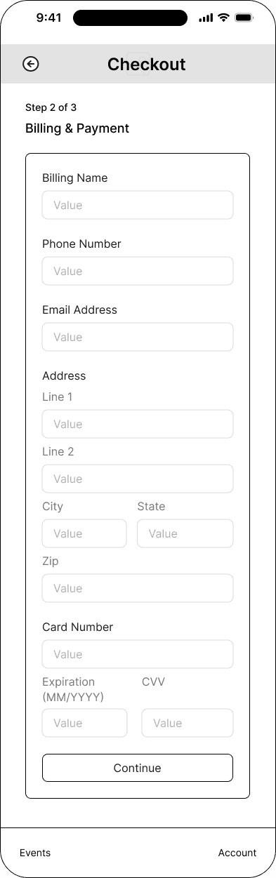 Checkout: billing and card interface in the Mood ticketing flow, demonstrating the mid fidelity · 17 of 26 state.