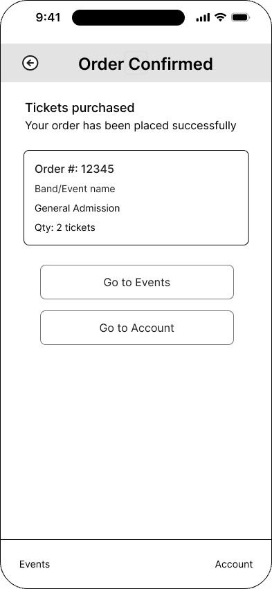 Purchase confirmation interface in the Mood ticketing flow, demonstrating the mid fidelity · 19 of 26 state.