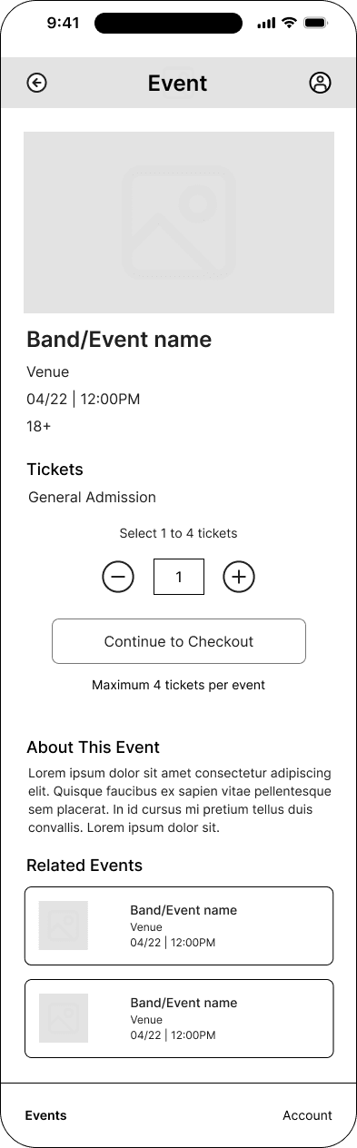 Direct checkout quantity selection interface in the Mood ticketing flow, demonstrating the mid fidelity · 20 of 26 state.