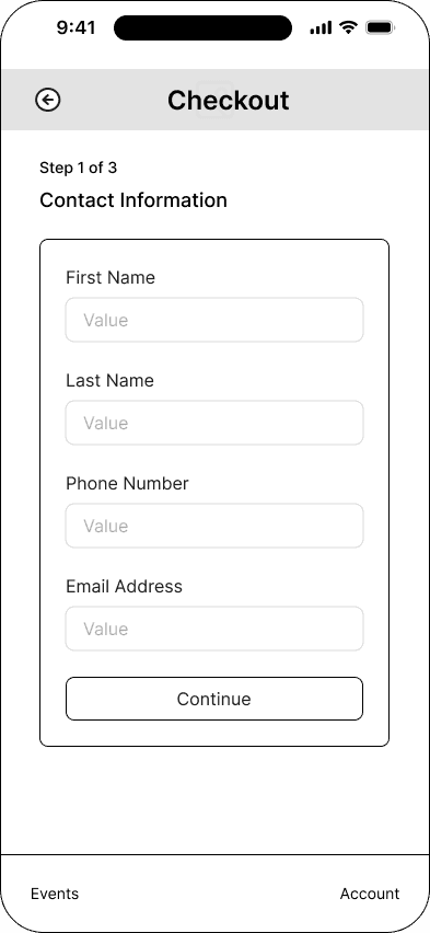 Direct checkout: contact information interface in the Mood ticketing flow, demonstrating the mid fidelity · 21 of 26 state.