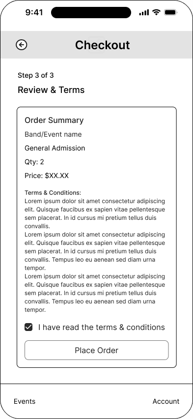 Direct checkout: review and terms interface in the Mood ticketing flow, demonstrating the mid fidelity · 23 of 26 state.