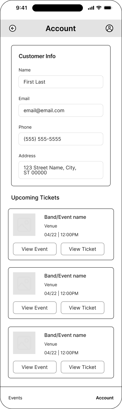 Account interface in the Mood ticketing flow, demonstrating the mid fidelity · 25 of 26 state.