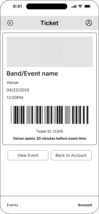 Virtual ticket interface in the Mood ticketing flow, demonstrating the mid fidelity · 26 of 26 state.